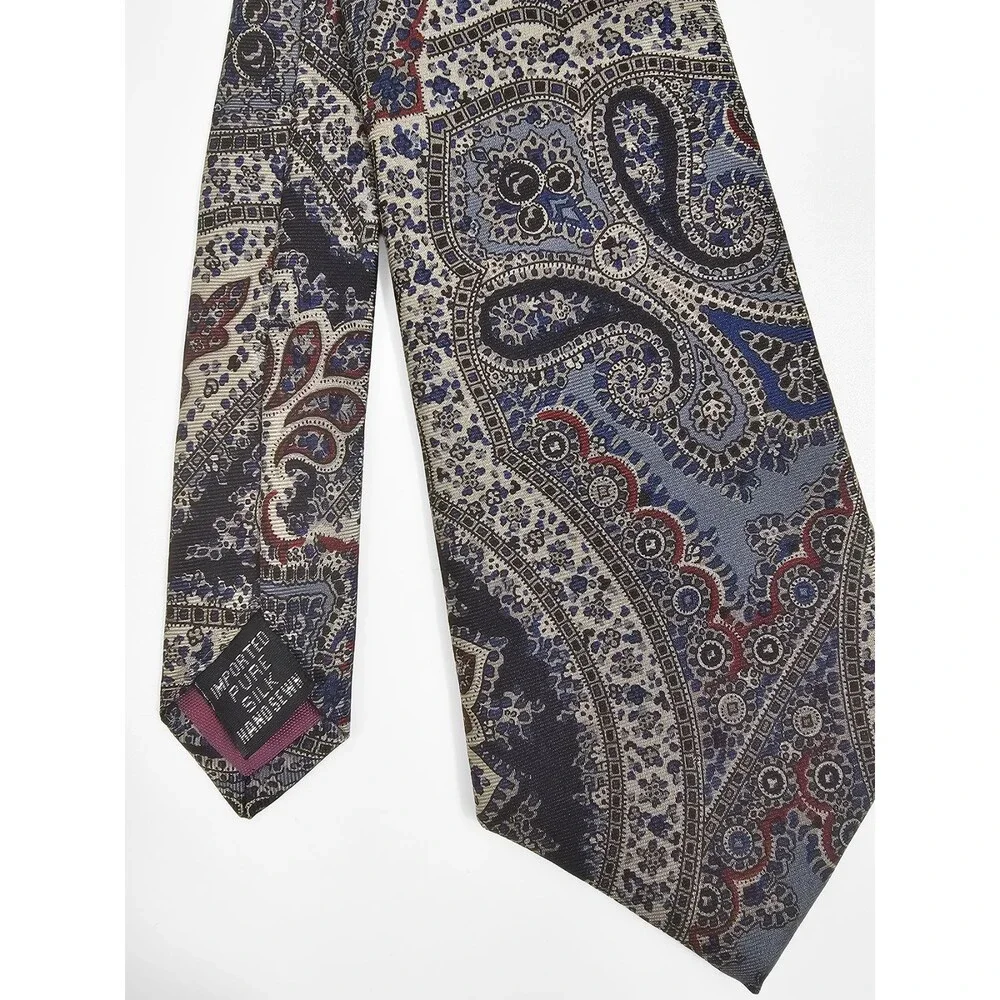 Keys & Lockwood Vintage Handmade Gray Blue Red Paisley Silk Tie